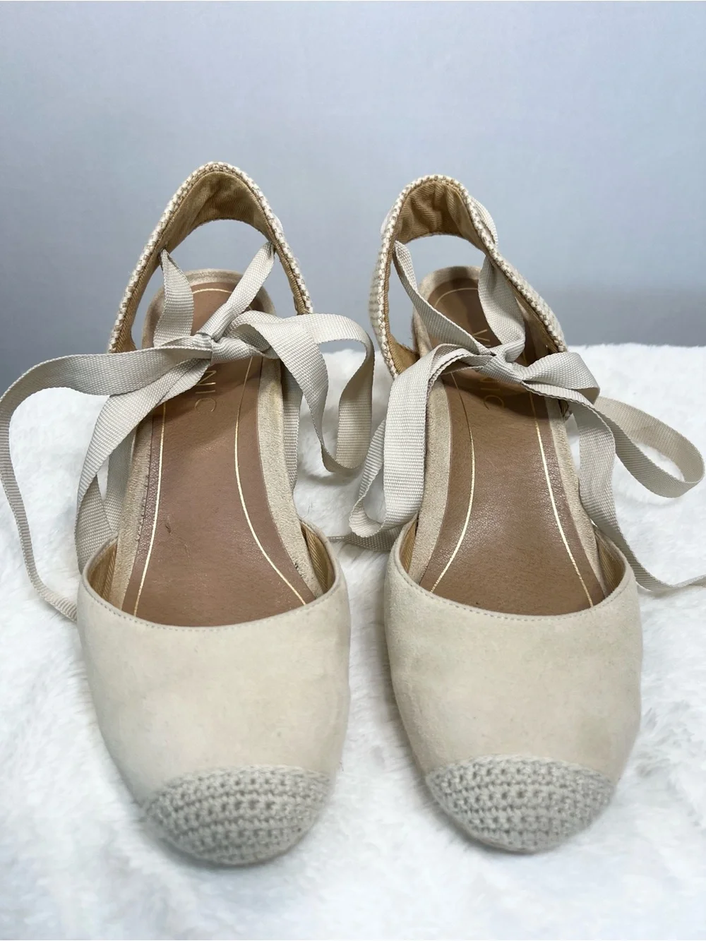 Vionic Aruba Maris Lace-Up Cream Espadrille Wedge Sandals with Ankle Tie sz 7